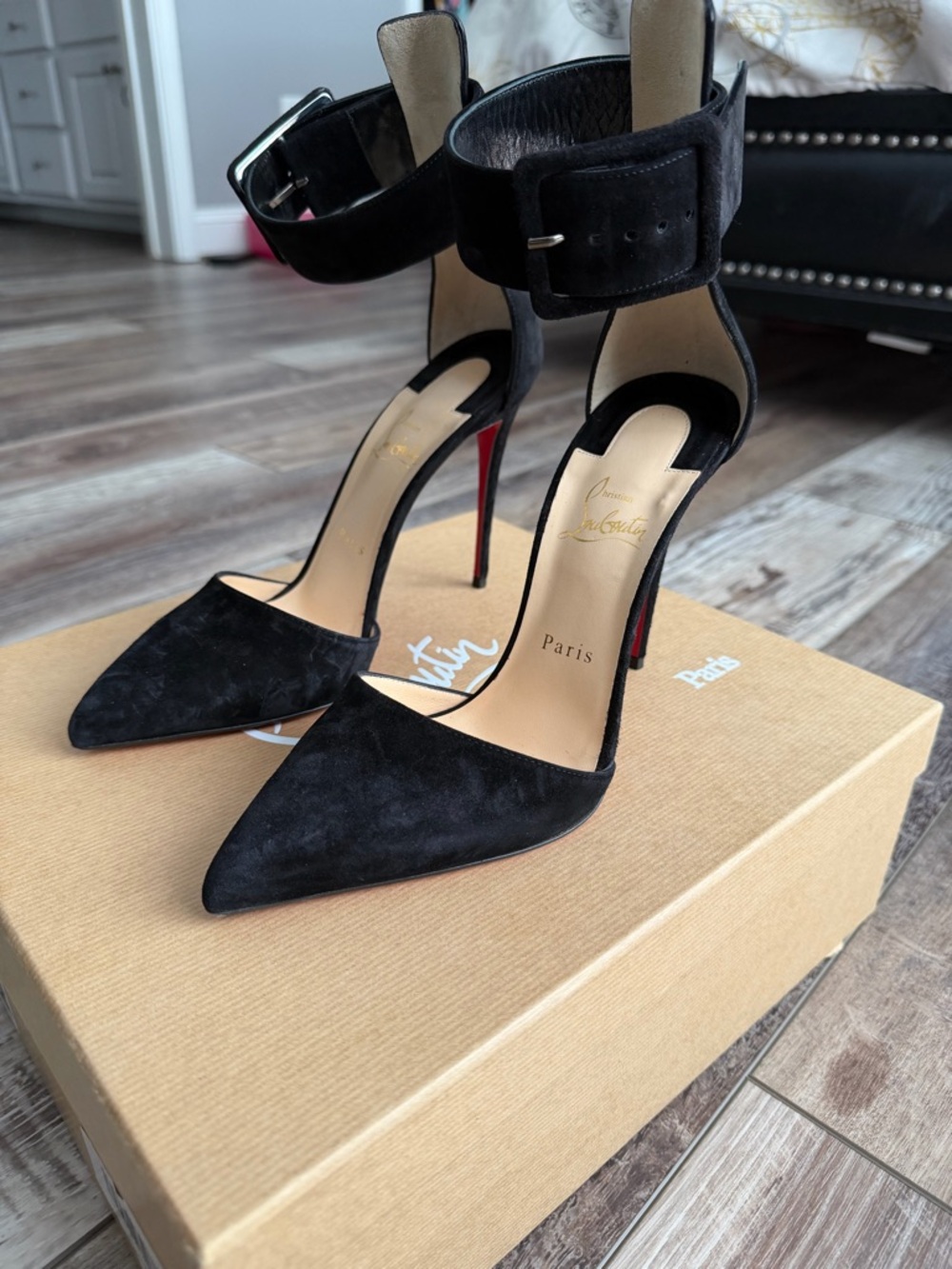 Christian Louboutin Black Suede Ankle-Strap Pointed-Toe Pumps